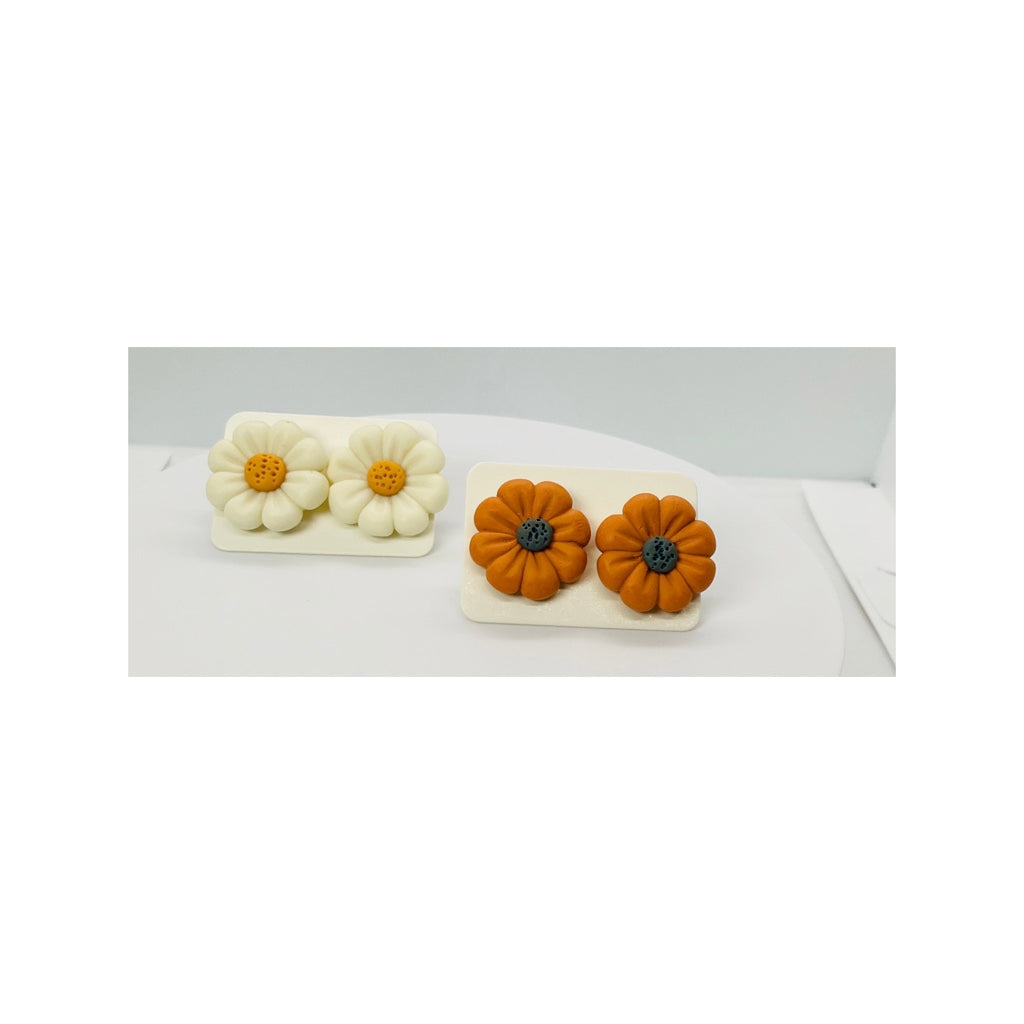 Soft Cream and Pumpkin Orange Flower Stud Earrings
