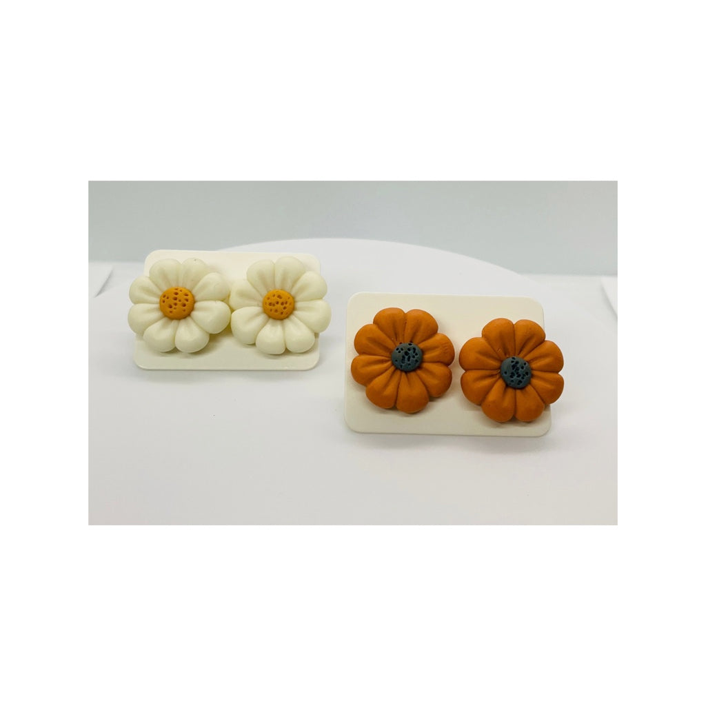 Soft Cream and Pumpkin Orange Flower Stud Earrings