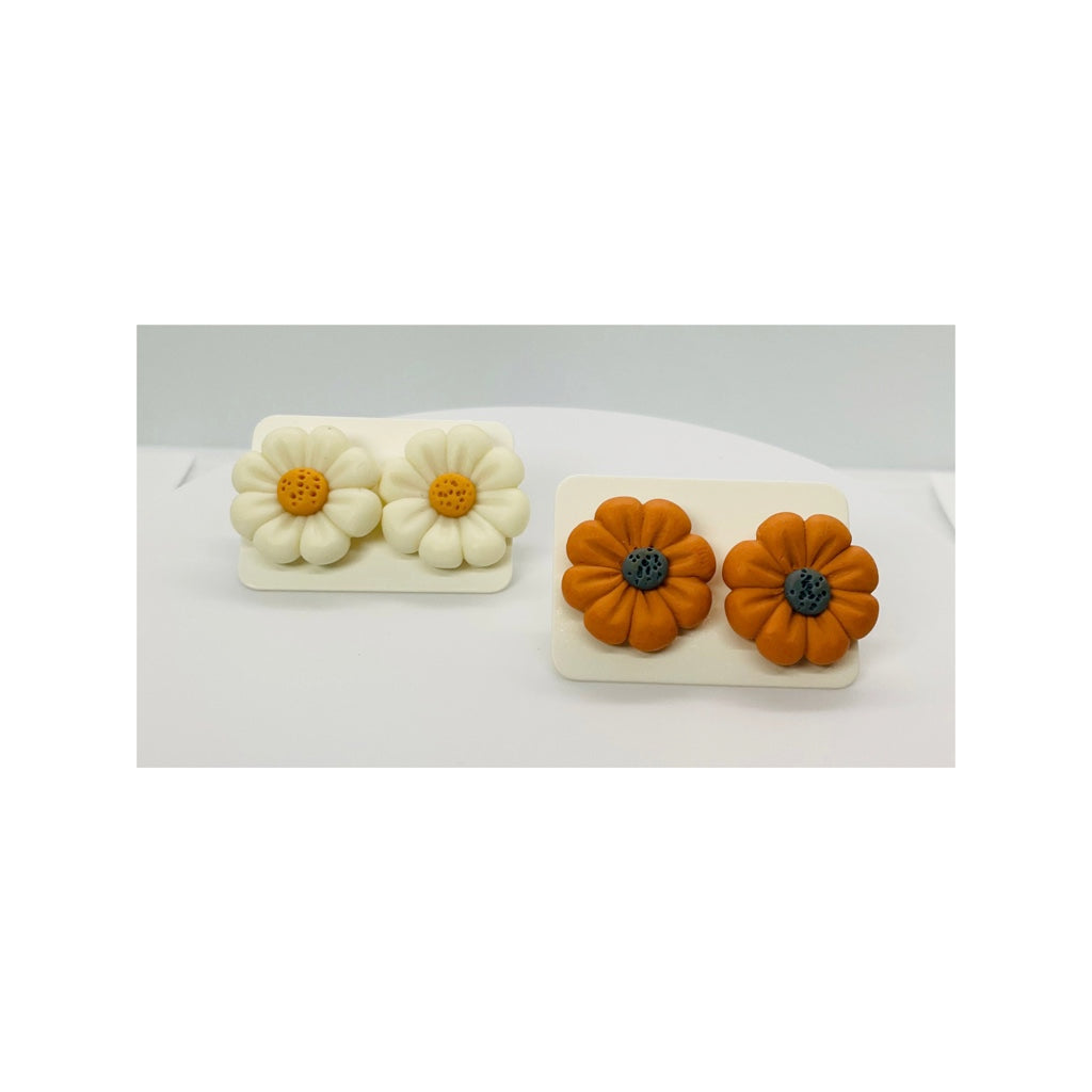 Soft Cream and Pumpkin Orange Flower Stud Earrings