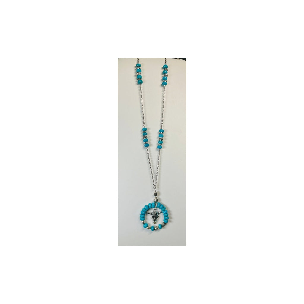 Turquoise and Silver Cow Head Beaded Necklace