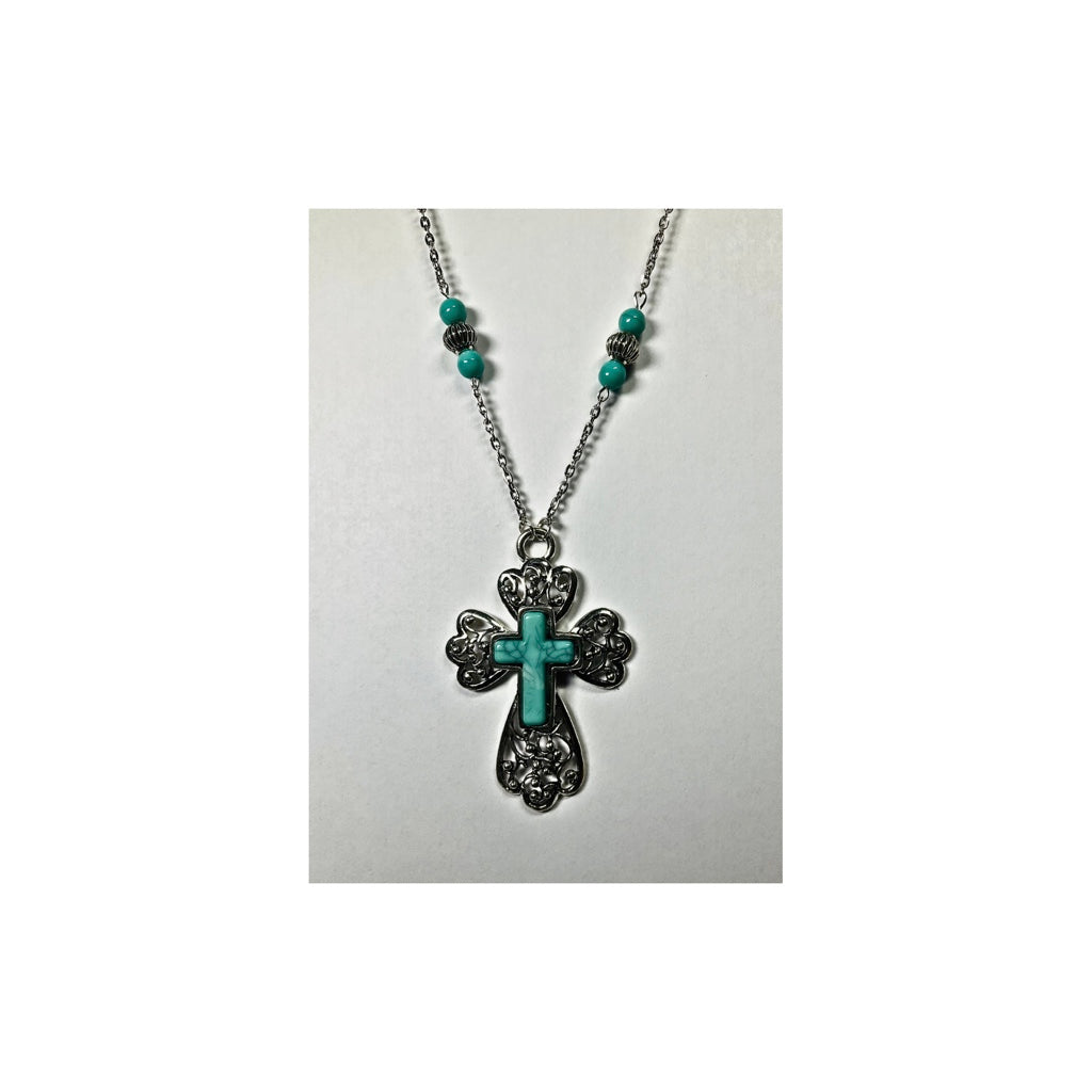Long Turquoise and Silver Cross Necklace