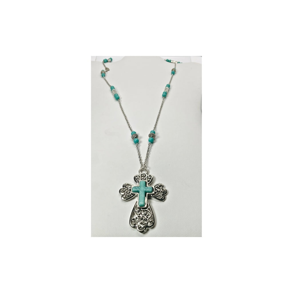 Long Turquoise and Silver Cross Necklace
