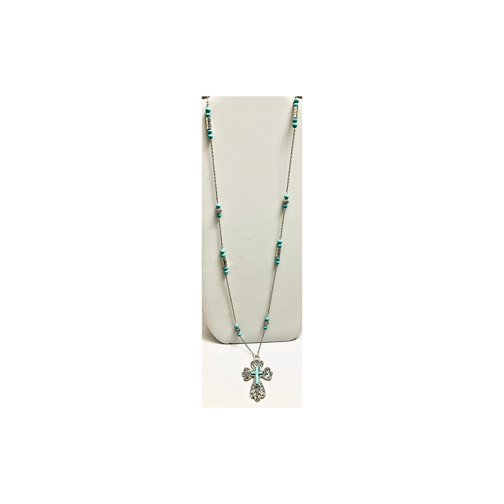 Long Turquoise and Silver Cross Necklace