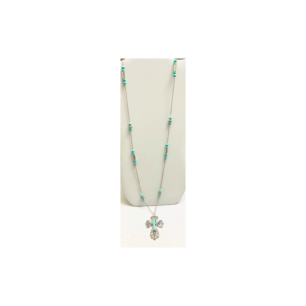 Long Turquoise and Silver Cross Necklace