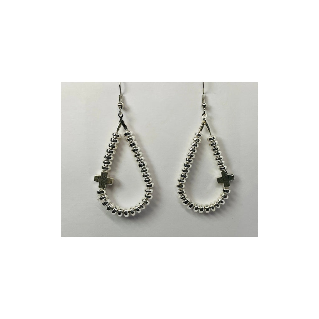 Silver Hematite Beaded Teardrop Earring with a Cross