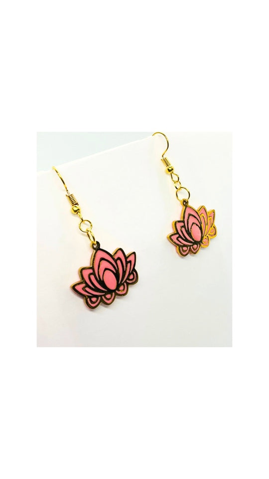 Coral Pink and Gold Flower Dangle Earrings
