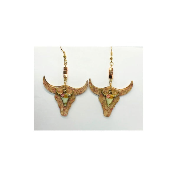 Wood Cow Head Pink Glitter Dangle with Charm Earring
