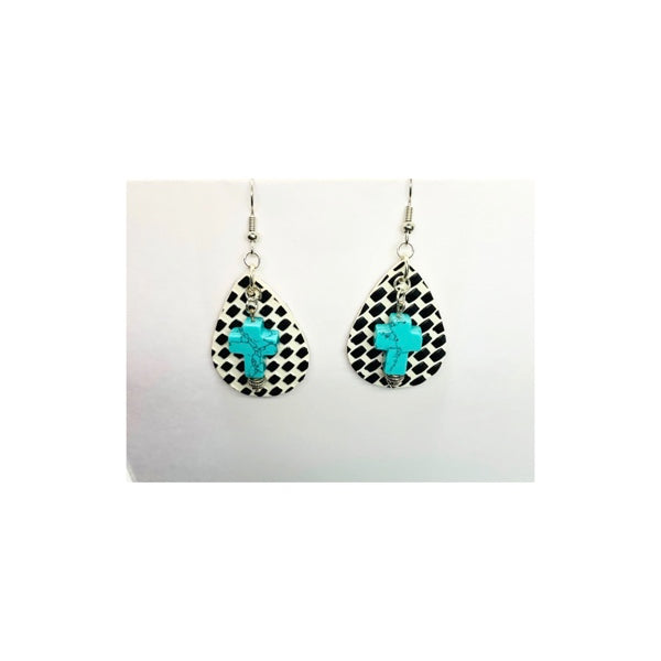 Black and White Check Faux Leather Teardrop Dangle with Turquoise Cross Charm