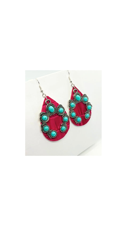 Hot Pink Leather Teardrop with Horseshoe Turquoise Shaped Charm Earrings