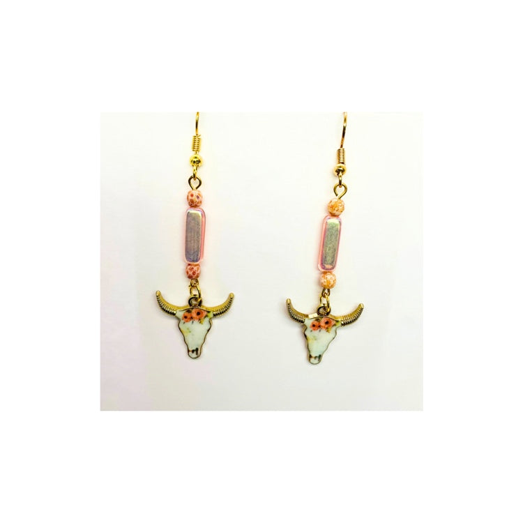Cowgirl Pink Flower Cow Head Dangle Earring
