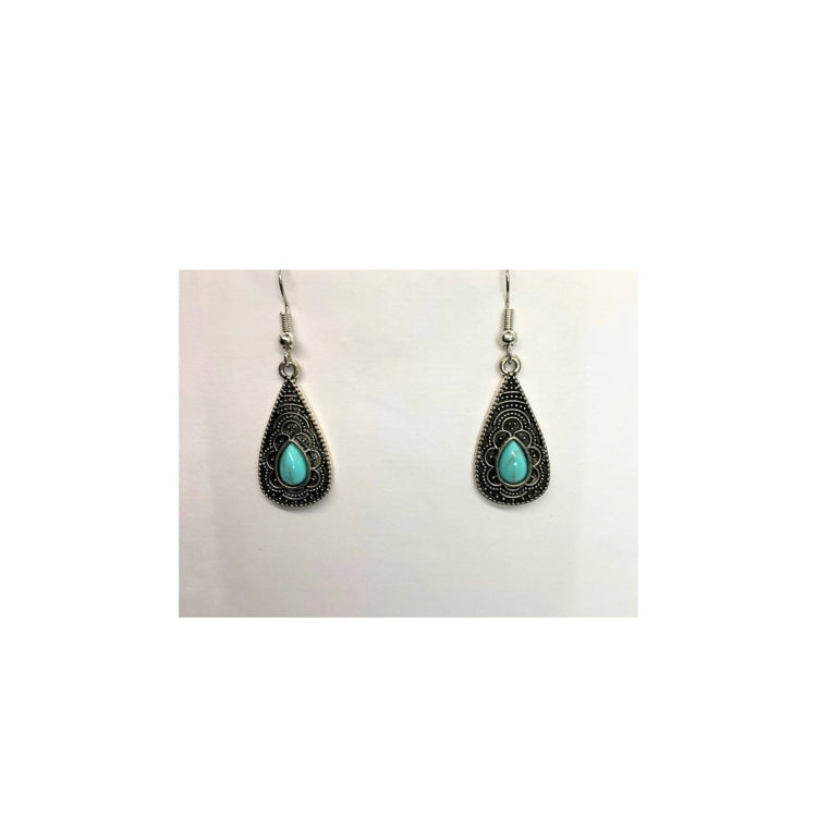 Western Style Silver Teardrop Faux Turquoise Drop Earring