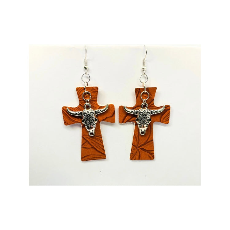Chestnut Faux Leather Cross Earring