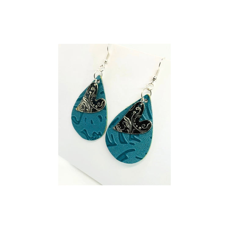 Steel Blue Faux Leather Teardrop Dangle with Silver Heart