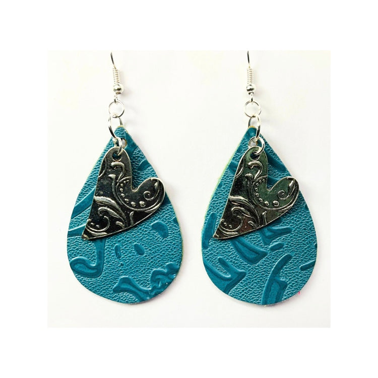 Steel Blue Faux Leather Teardrop Dangle with Silver Heart