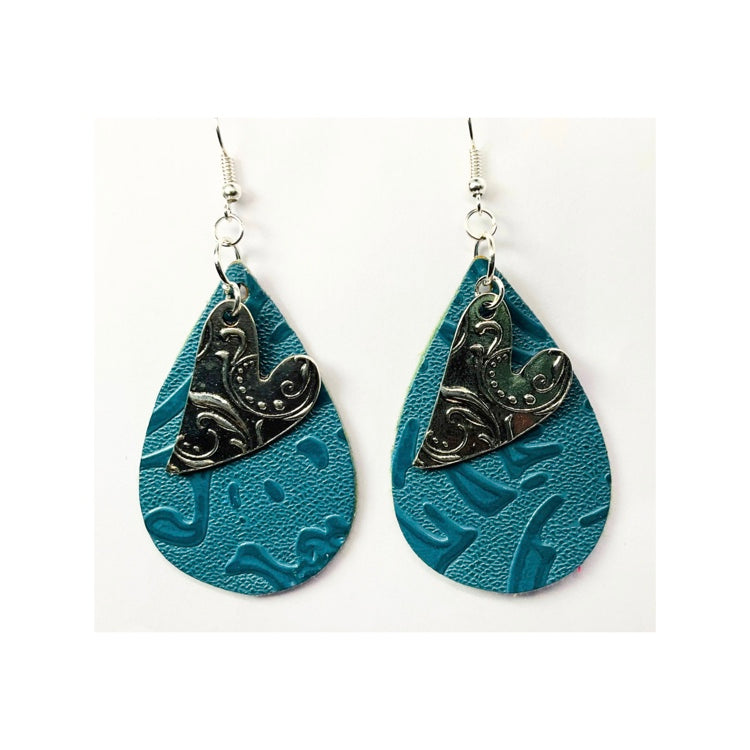 Steel Blue Faux Leather Teardrop Dangle with Silver Heart