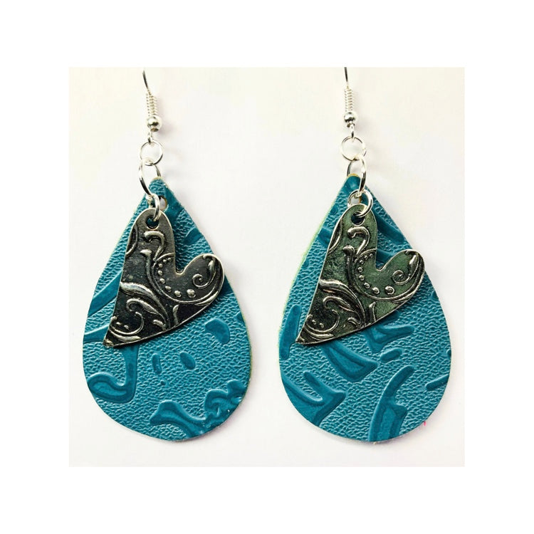 Steel Blue Faux Leather Teardrop Dangle with Silver Heart