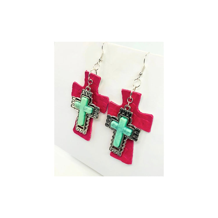 Hot Pink Leather Cross Dangle with Silver Turquoise Cross