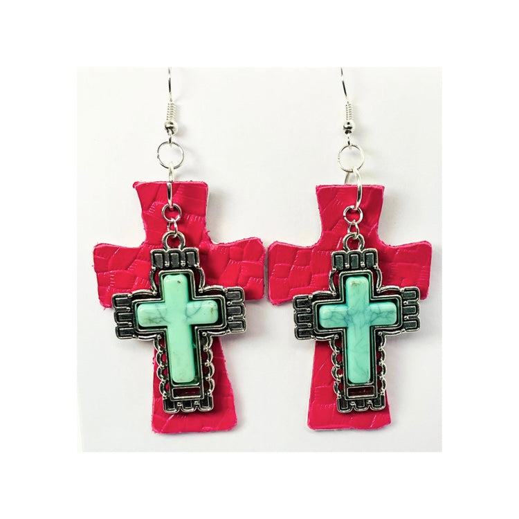 Hot Pink Leather Cross Dangle with Silver Turquoise Cross