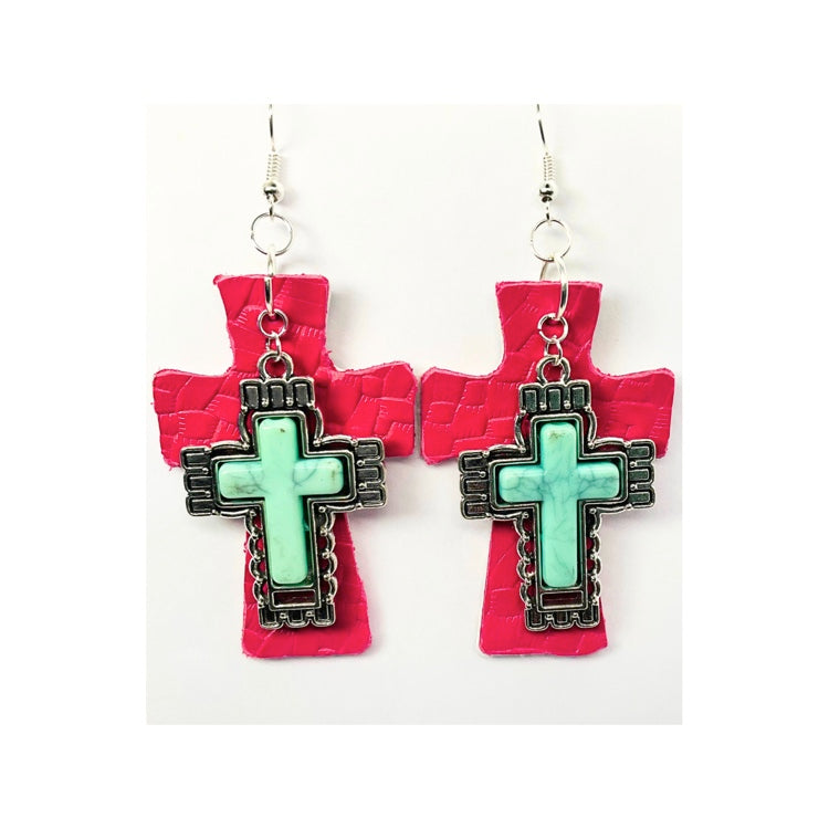 Hot Pink Leather Cross Dangle with Silver Turquoise Cross