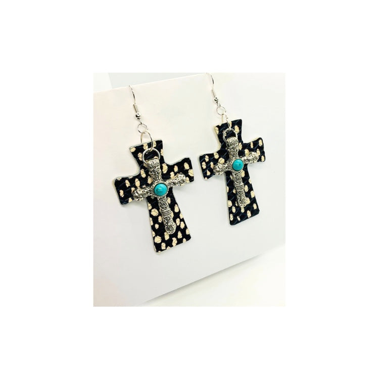 Black and White Dot Leather Dangle Cross with Silver Turquoise Cross