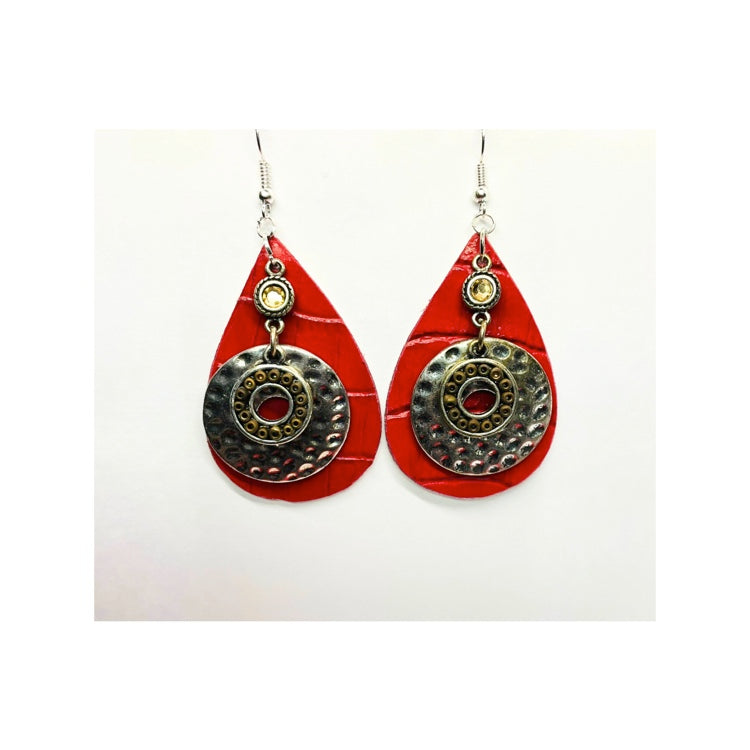 Red Leather Teardrop with Hammered Silver Earrings