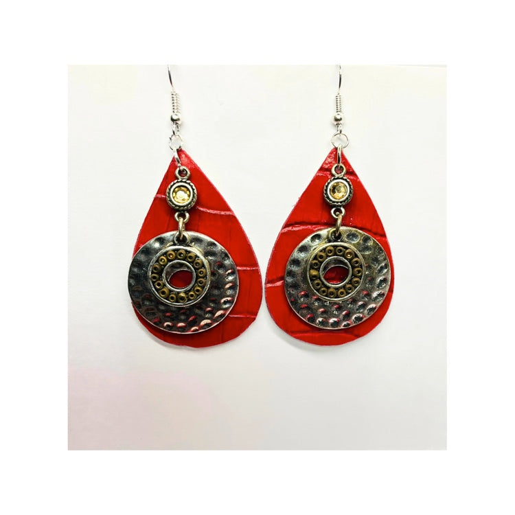 Red Leather Teardrop with Hammered Silver Earrings