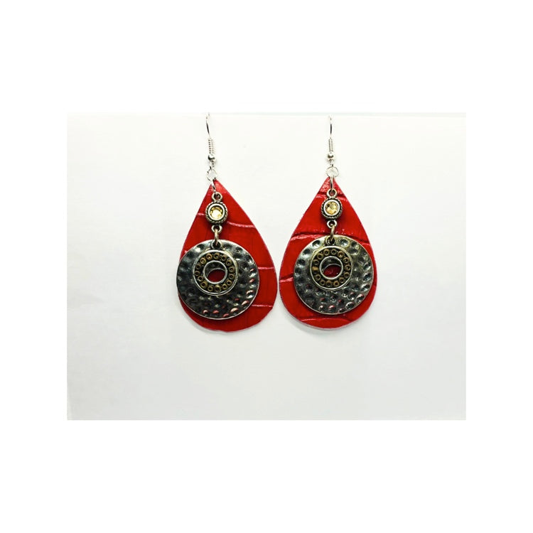 Red Leather Teardrop with Hammered Silver Earrings