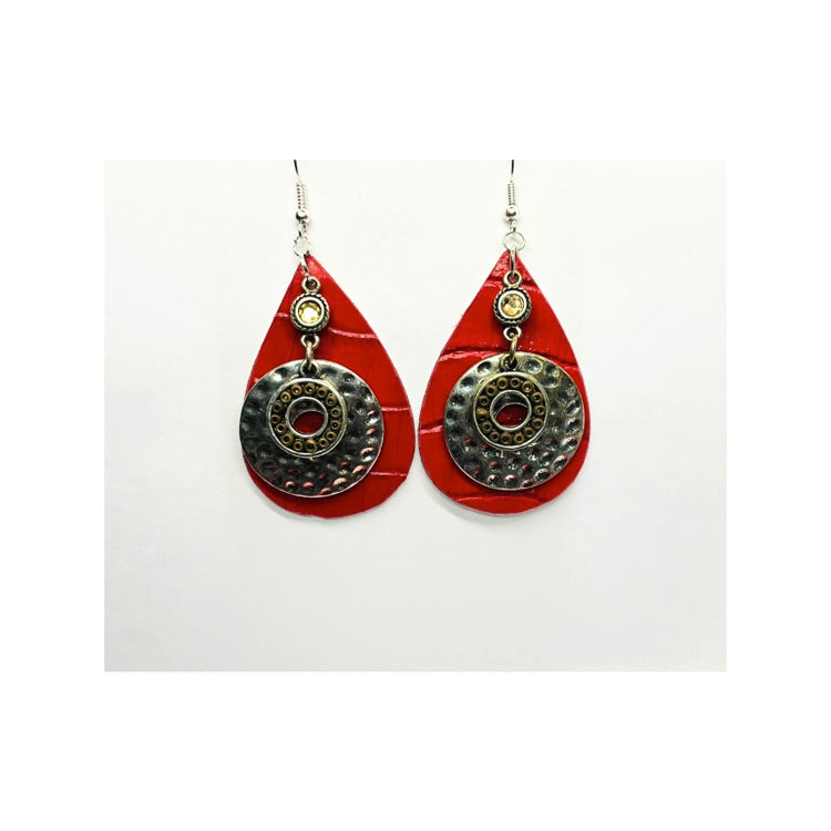 Red Leather Teardrop with Hammered Silver Earrings