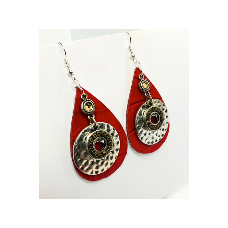 Red Leather Teardrop with Hammered Silver Earrings