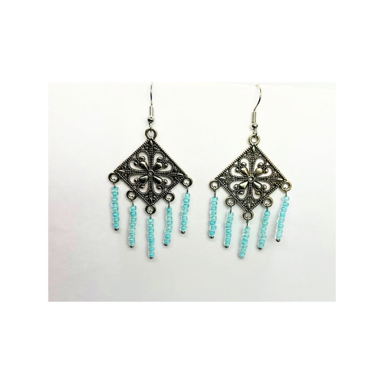 Chandelier Silver with Blue Beaded Earrings Elegant Party Drop Earrings Metal Coating Handmade Western Style Beads