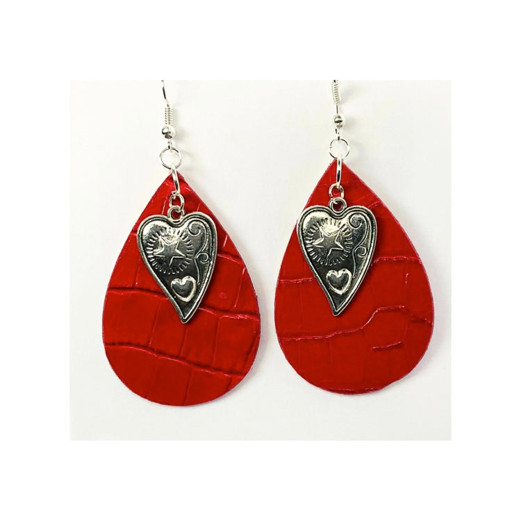 Red Leather Teardrop Dangle with Silver Heart