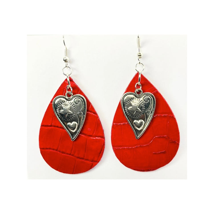 Red Leather Teardrop Dangle with Silver Heart