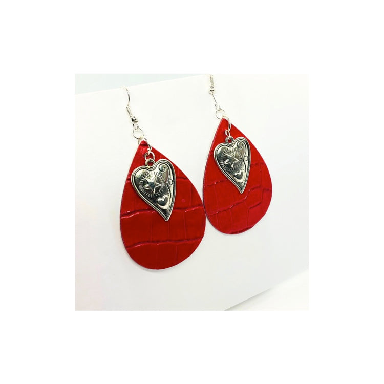Red Leather Teardrop Dangle with Silver Heart