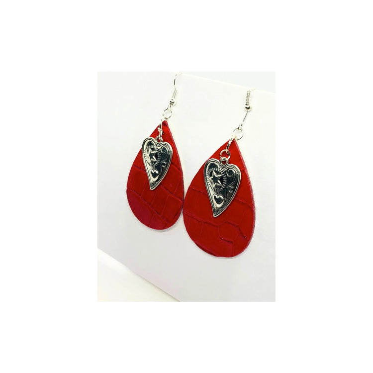 Red Leather Teardrop Dangle with Silver Heart