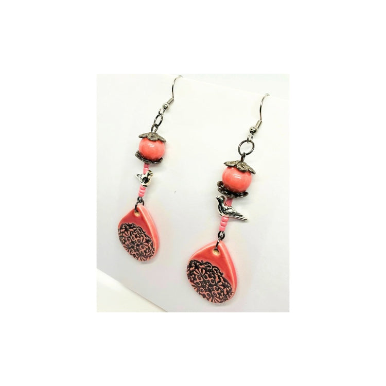 Pink Ceramic Mandala Teardrop Dangle Earrings with Silver Bird Embellishment Handmade One at a Time Dark Silver Ear Wire