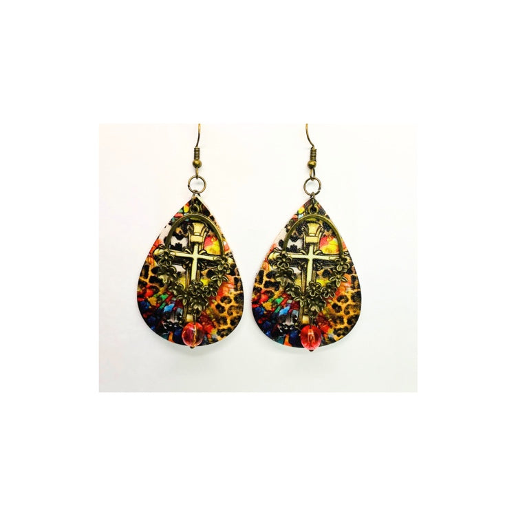 Cross Teardrop Dangle with Bronze Embellishment and Bead Leopard Print Design Earrings
