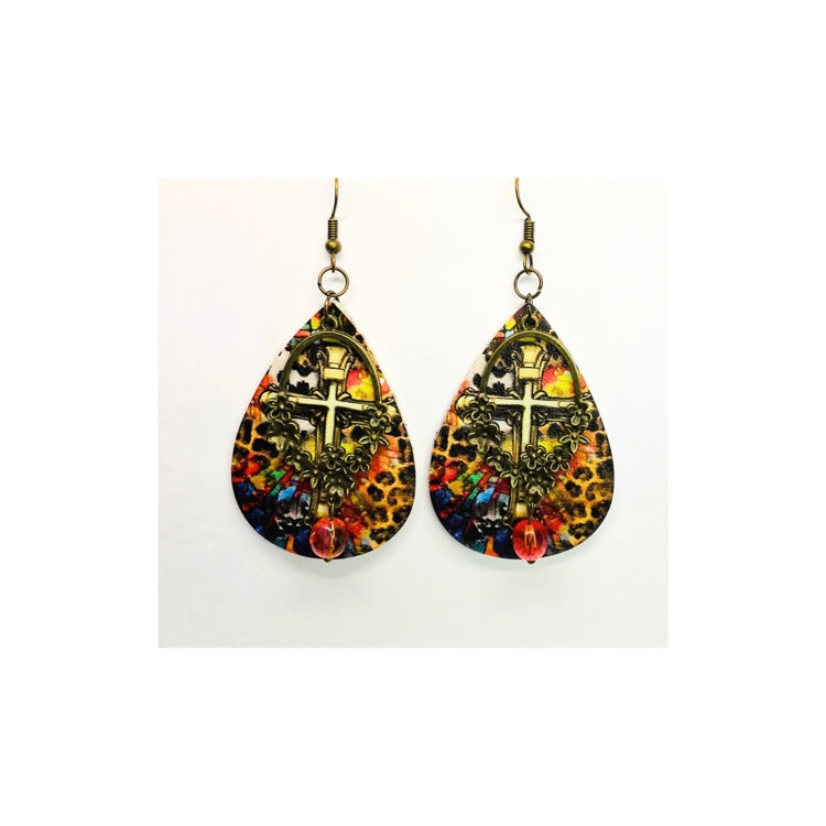 Cross Teardrop Dangle with Bronze Embellishment and Bead Leopard Print Design Earrings