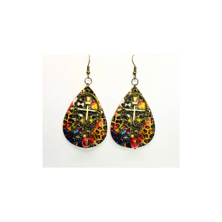 Cross Teardrop Dangle with Bronze Embellishment and Bead Leopard Print Design Earrings