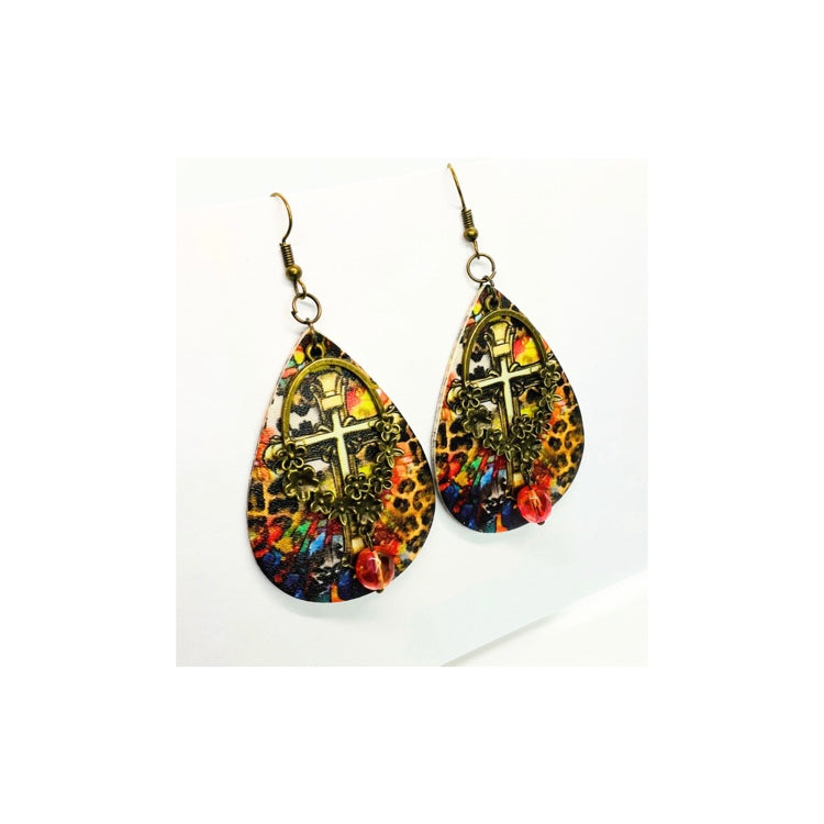 Cross Teardrop Dangle with Bronze Embellishment and Bead Leopard Print Design Earrings