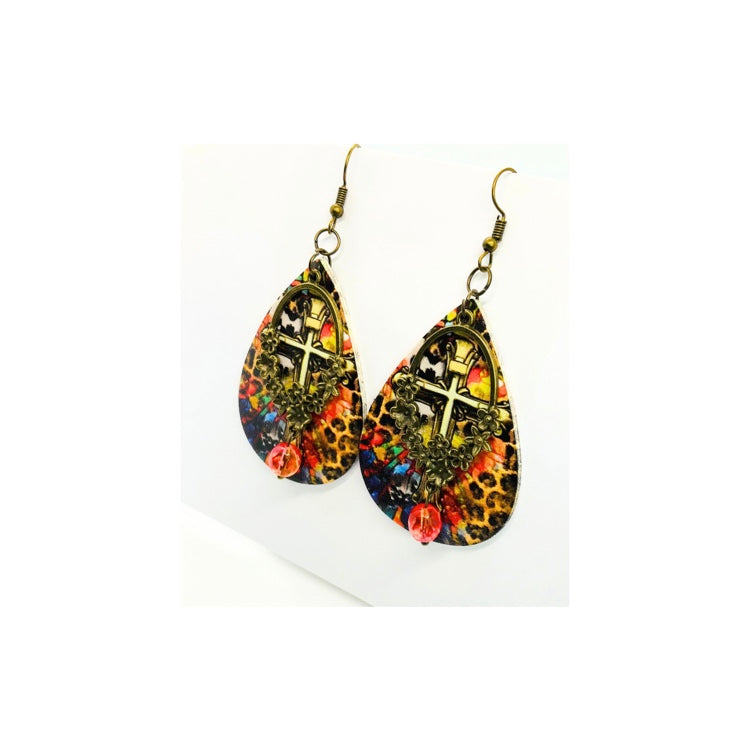 Cross Teardrop Dangle with Bronze Embellishment and Bead Leopard Print Design Earrings