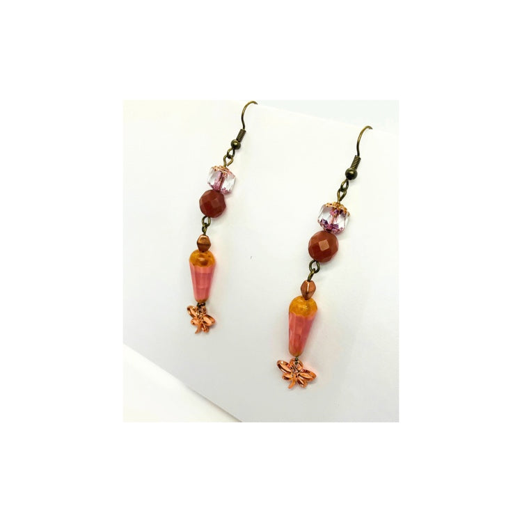 Czech Pink Glass Dangle Earring with Bronze Ear Wire, Handmade One at a Time, Unique Design, Beautiful Decorative Bead Dangle