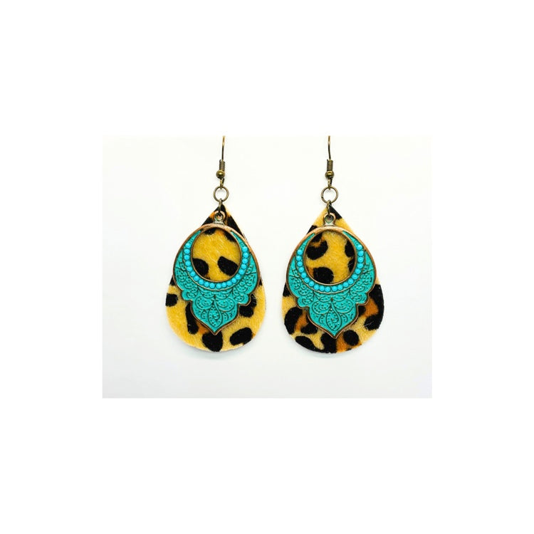 Leopard Turquoise Teardrop Dangle Earrings with Leopard Print and Teal Lace Design