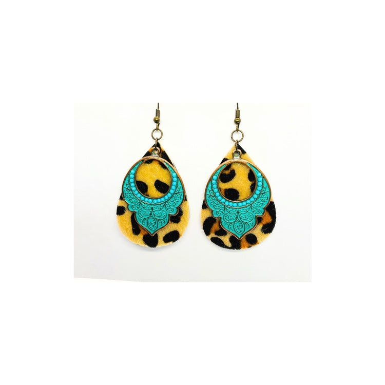 Leopard Turquoise Teardrop Dangle Earrings with Leopard Print and Teal Lace Design