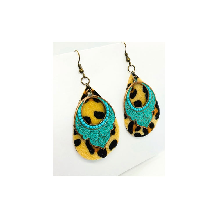 Leopard Turquoise Teardrop Dangle Earrings with Leopard Print and Teal Lace Design