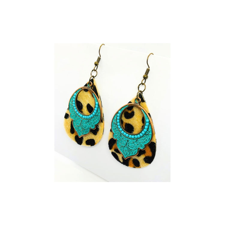 Leopard Turquoise Teardrop Dangle Earrings with Leopard Print and Teal Lace Design