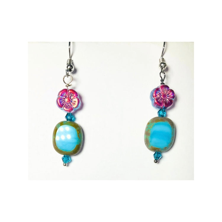 Blue Czech Bead Dangle Earring with Iridescent Blue Flower Bead, Handmade with Care and Unique Design