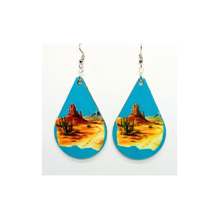 Turquoise Wood Teardrop Desert Scene Earrings