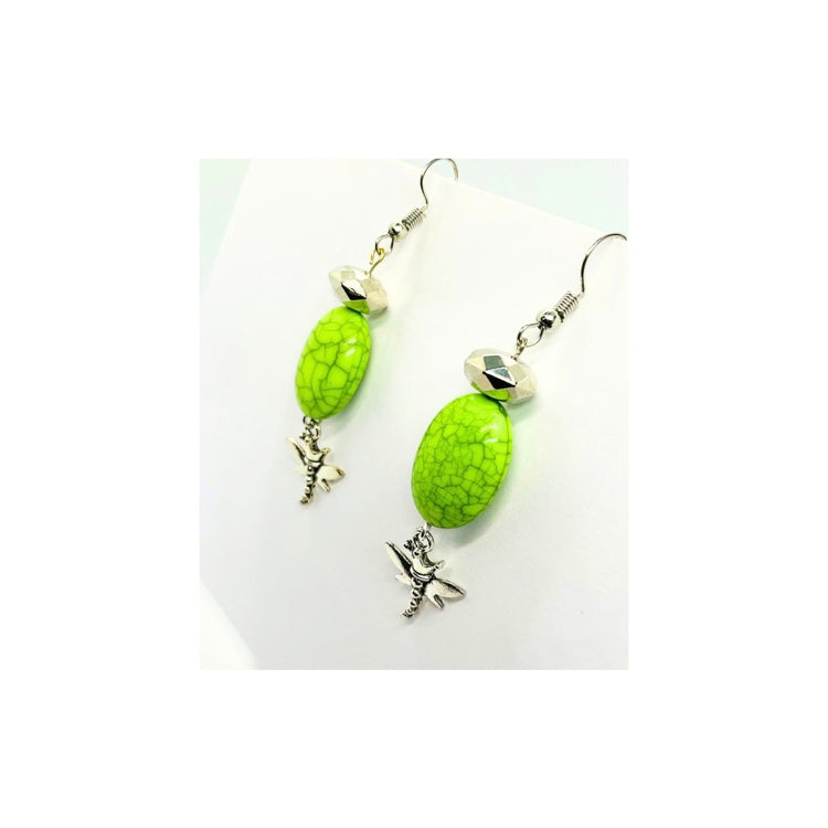 Lime Green Dangle Earrings with Dragonfly Charm