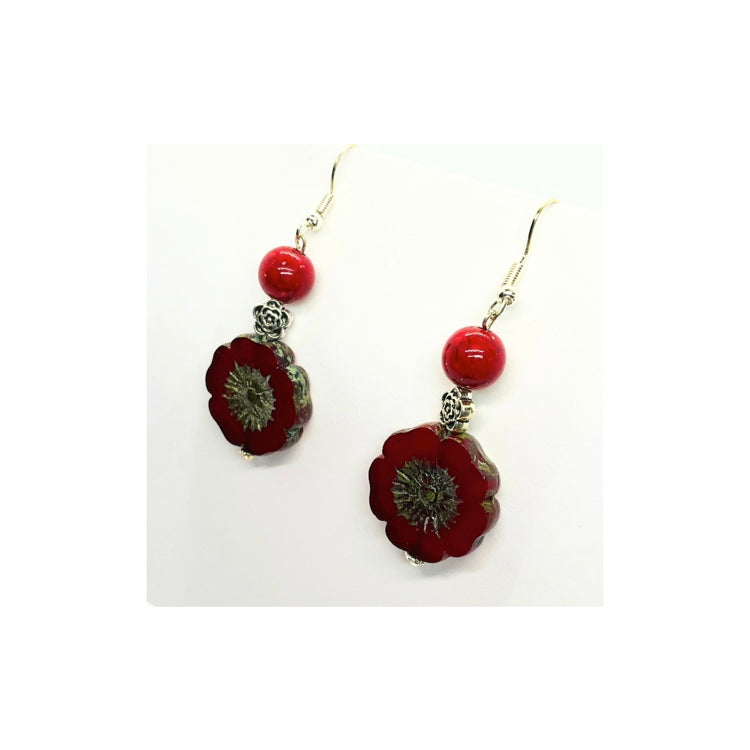 Red Picasso Dangle Flower Bead Earring
