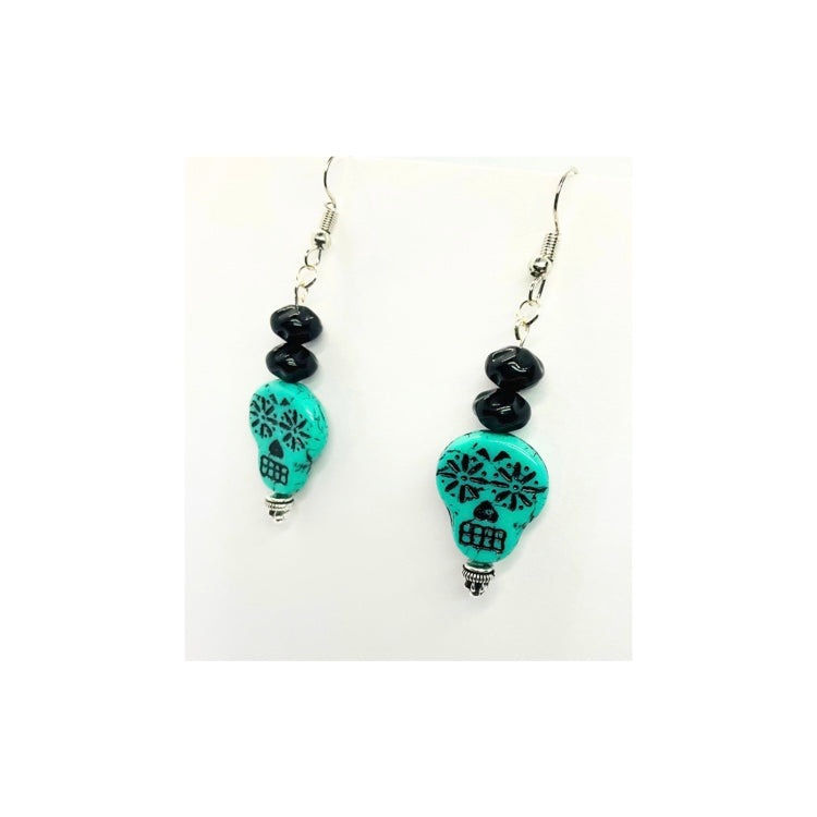 Teal and Black Sugar Skull Dangle Earring